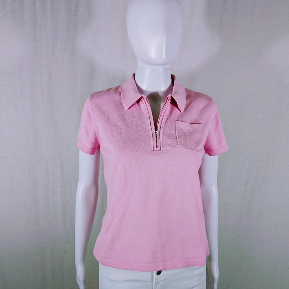 Talbots Short Sleeve Zip Up Collared Sweater Top Women's Size Medium Petite